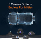 WOLFBOX FlexPilot dash cam diagram showing 5 camera options and 9 mounting positions on a vehicle, with all camera modules displayed below