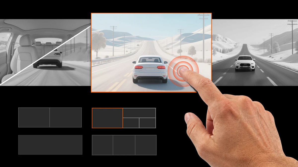 WOLFBOX FlexPilot custom display layout with selectable camera views on the rearview mirror screen.