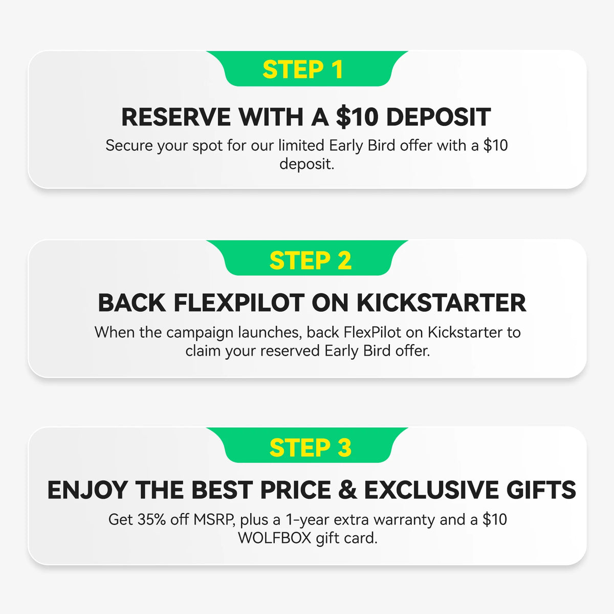 Three-step guide: reserve WOLFBOX FlexPilot with a $10 deposit, back it on Kickstarter, then enjoy 35% off MSRP plus a free 1-year warranty and $10 gift card