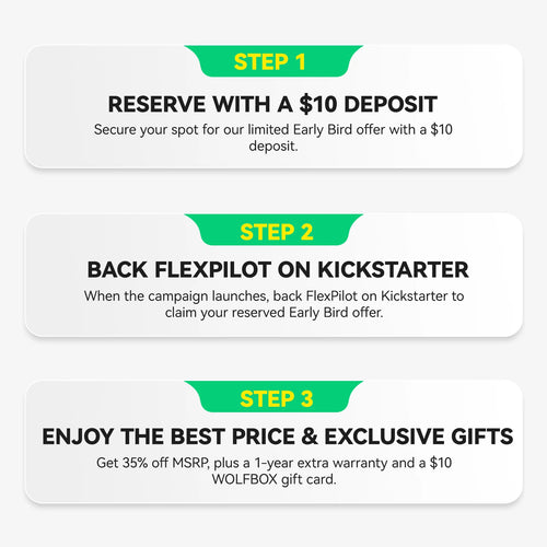 Three-step guide: reserve WOLFBOX FlexPilot with a $10 deposit, back it on Kickstarter, then enjoy 35% off MSRP plus a free 1-year warranty and $10 gift card