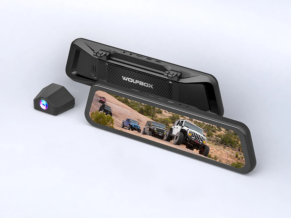 WOLFBOX FlexPilot DIY Basic Pack with rearview mirror display and compact external camera.