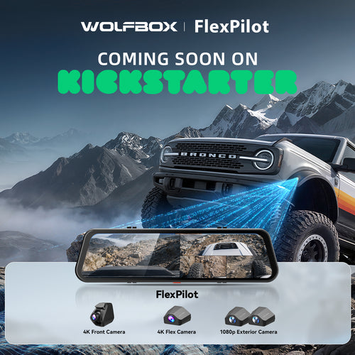 WOLFBOX FlexPilot mirror dash cam mounted in a Ford Bronco, announcing the product is coming soon on Kickstarter, with 4K front, flex, and exterior camera modules shown below