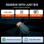 Promotion explaining that a $10 reservation unlocks early bird pricing, a 1-year extra warranty, and a $10 wolfbox website gift card , marked as Kickstarter exclusive and fully refundable