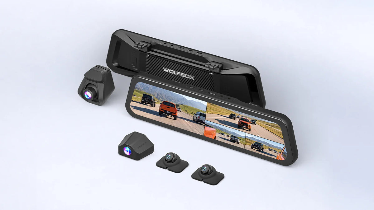 WOLFBOX FlexPilot side vision pack with mirror display and left and right exterior cameras.