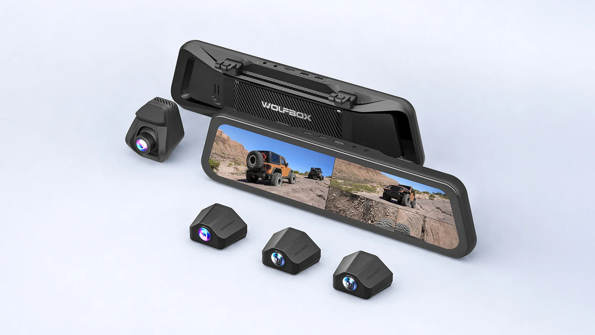 WOLFBOX FlexPilot trail vision pack with mirror display and multiple exterior cameras.