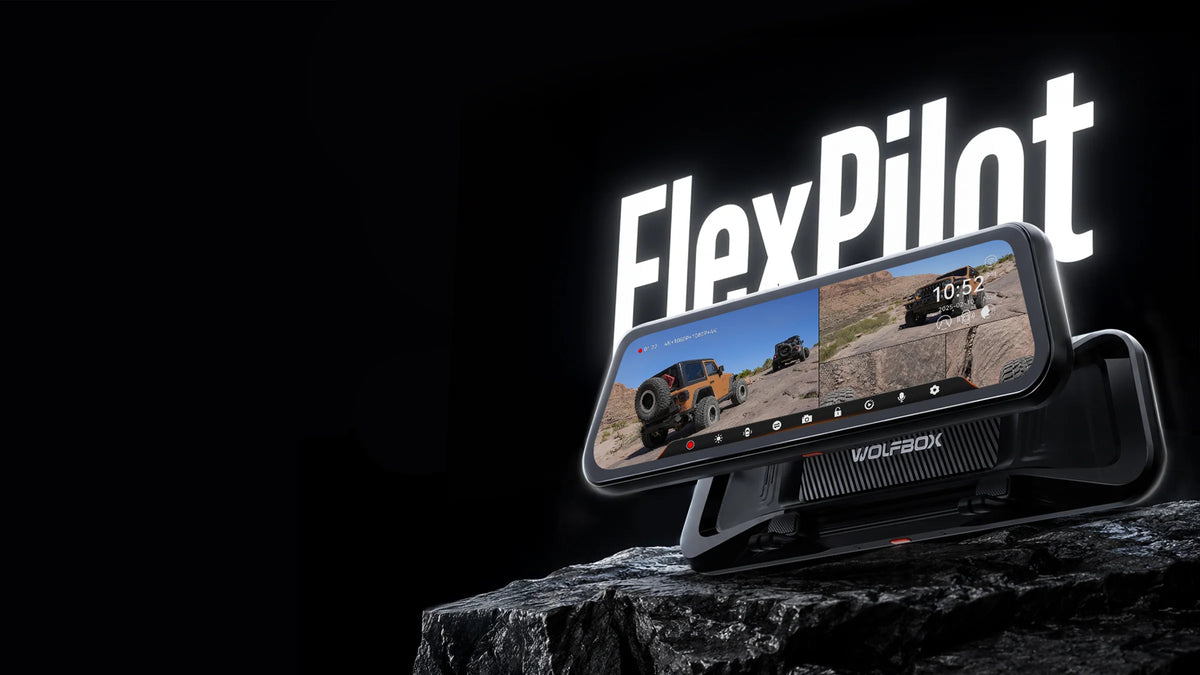 WOLFBOX FlexPilot video pc cover showing the rearview mirror dash cam with an off-road driving display.