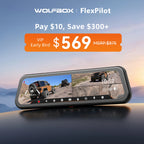 WOLFBOX FlexPilot mirror dash cam showing a quad-camera view of Jeep Wranglers off-road, with VIP early bird price of $569 compared to $875 MSRP