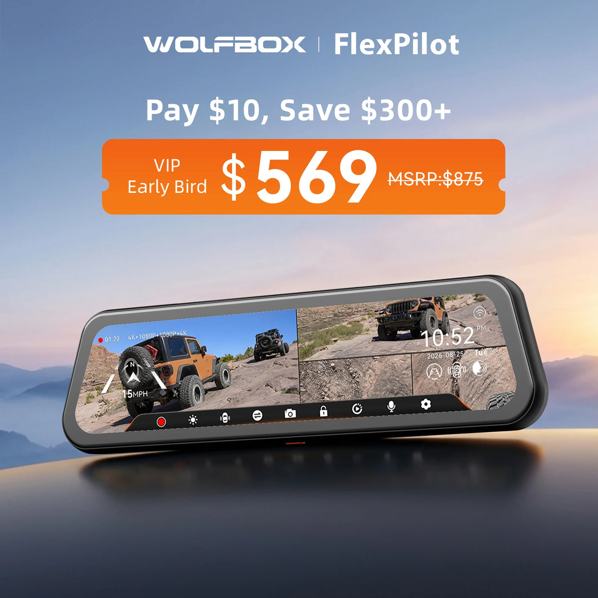 WOLFBOX FlexPilot mirror dash cam showing a quad-camera view of Jeep Wranglers off-road, with VIP early bird price of $569 compared to $875 MSRP